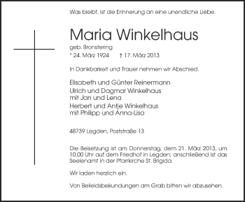 Todesanzeige von Maria Winkelhaus von Münstersche Zeitung und Münsterland Zeitung