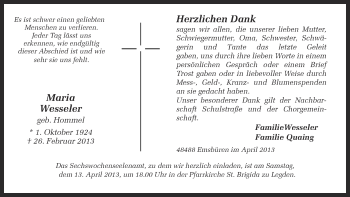 Todesanzeige von Maria Wesseler von Münstersche Zeitung und Münsterland Zeitung