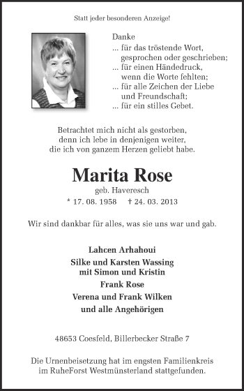 Todesanzeige von Marita Rose von Münstersche Zeitung und Münsterland Zeitung