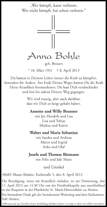 Todesanzeige von Bohle Anna von Münstersche Zeitung und Münsterland Zeitung
