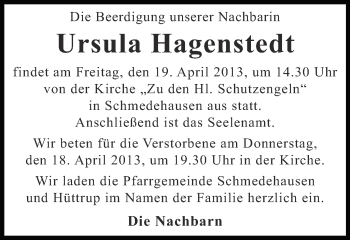 Todesanzeige von Ursula Hagenstedt von Münstersche Zeitung und Grevener Zeitung
