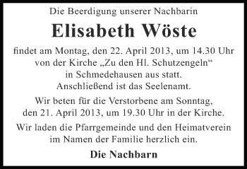 Todesanzeige von Elisabeth Wöste von Münstersche Zeitung und Grevener Zeitung