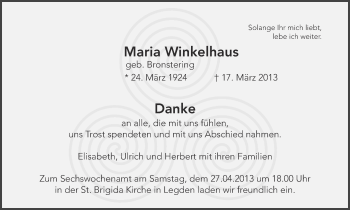 Todesanzeige von Maria Winkelhaus von Münstersche Zeitung und Münsterland Zeitung