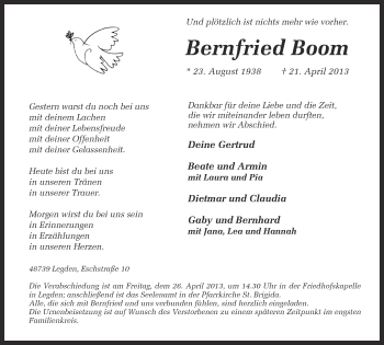 Todesanzeige von Bernfried Boom von Münstersche Zeitung und Münsterland Zeitung