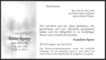 Todesanzeige von Änne Sprey von Münstersche Zeitung und Münsterland Zeitung