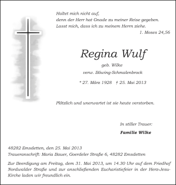 Todesanzeige von Regina Wulf von Münstersche Zeitung und Münsterland Zeitung