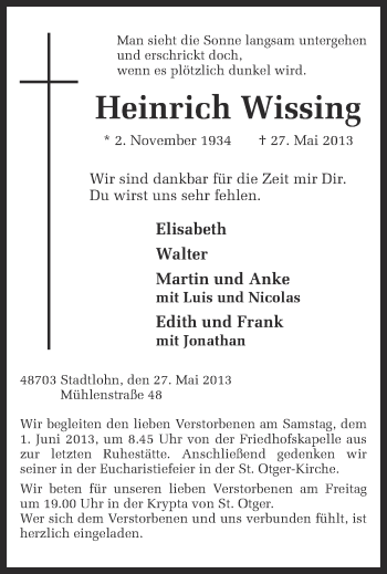 Todesanzeige von Heinrich Wissing von Münstersche Zeitung und Münsterland Zeitung