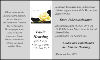 Todesanzeige von Paula Hemsing von Münstersche Zeitung und Münsterland Zeitung