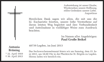 Todesanzeige von Antonia Brüning von Münstersche Zeitung und Münsterland Zeitung