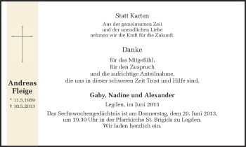 Todesanzeige von Andreas Fleige von Münstersche Zeitung und Münsterland Zeitung
