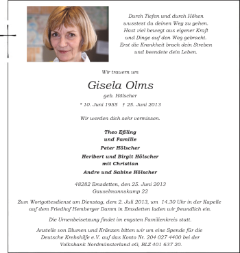 Todesanzeige von Gisela Olms 