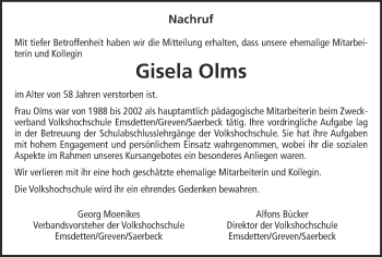 Todesanzeige von Gisela Olms von Münstersche Zeitung, Emsdettener Volkszeitung, Grevener Zeitung und Münsterland Zeitung