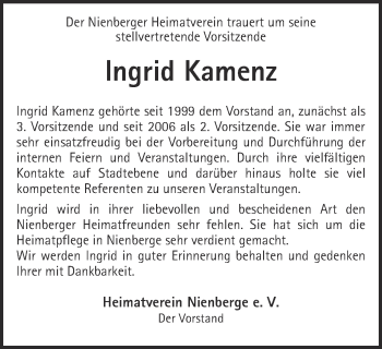 Todesanzeige von Ingrid Kamenz von Münstersche Zeitung und Grevener Zeitung
