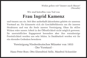 Todesanzeige von Ingrid Kamenz von Münstersche Zeitung und Grevener Zeitung