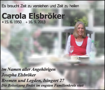Todesanzeige von Carola Elsbröker von Münstersche Zeitung und Münsterland Zeitung