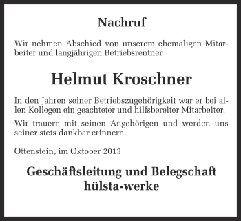 Todesanzeige von Helmut Kroschner von Münstersche Zeitung und Münsterland Zeitung