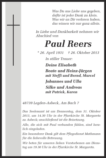 Todesanzeige von Paul Reers von Münstersche Zeitung und Münsterland Zeitung