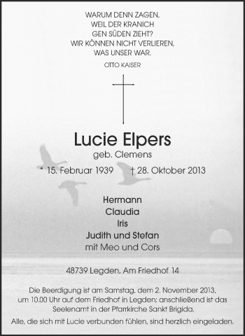 Todesanzeige von Lucie Elpers von Münstersche Zeitung und Münsterland Zeitung