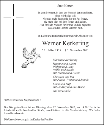 Todesanzeige von Werner Kerkering 