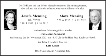 Todesanzeige von Josefa und Aloys Mensing von Münstersche Zeitung und Münsterland Zeitung