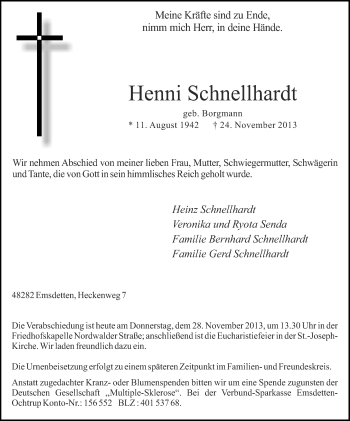 Todesanzeige von Henni Schnellhardt 