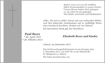 Todesanzeige von Paul Reers von Münstersche Zeitung und Münsterland Zeitung