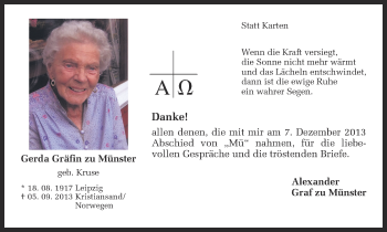Todesanzeige von Gerda Gräfin zu Münster von Münstersche Zeitung und Grevener Zeitung