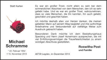 Todesanzeige von Michael Schramme von Münstersche Zeitung und Münsterland Zeitung