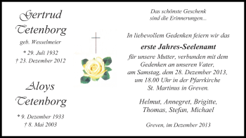 Todesanzeige von Gertrud + Aloys Tetenborg von Münstersche Zeitung und Grevener Zeitung