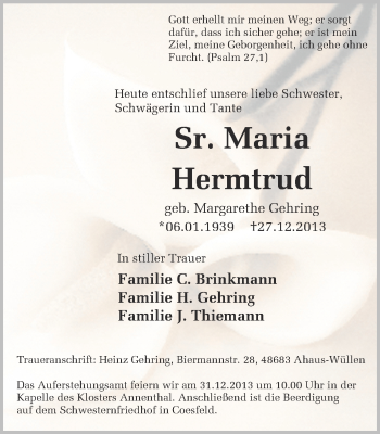 Todesanzeige von Maria Hermtrud von Münstersche Zeitung und Münsterland Zeitung