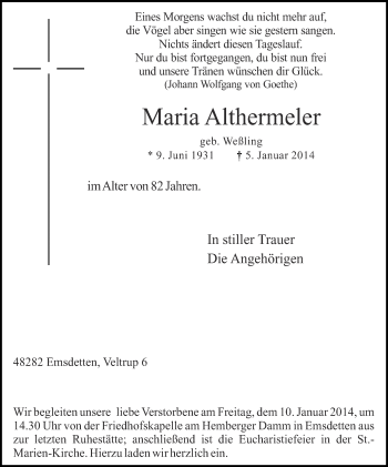 Todesanzeige von Maria Althermeler 