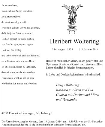 Todesanzeige von Heribert Woltering von Münstersche Zeitung und Grevener Zeitung