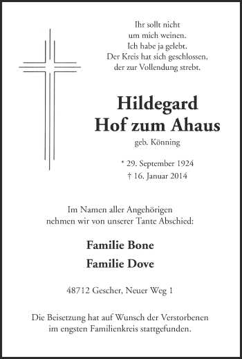 Todesanzeige von Hildegard Hof zum Ahaus von Münstersche Zeitung und Münsterland Zeitung