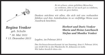Todesanzeige von Regina Venker von Münstersche Zeitung und Münsterland Zeitung