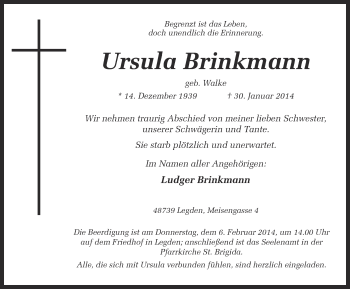 Todesanzeige von Ursula Brinkmann von Münstersche Zeitung und Münsterland Zeitung