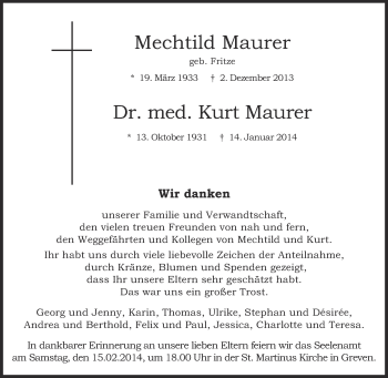 Todesanzeige von Mechtild und Kurt Maurer von Münstersche Zeitung und Grevener Zeitung