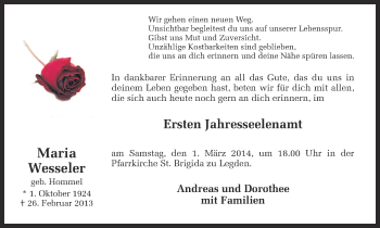 Todesanzeige von Maria Wesseler von Münstersche Zeitung und Münsterland Zeitung