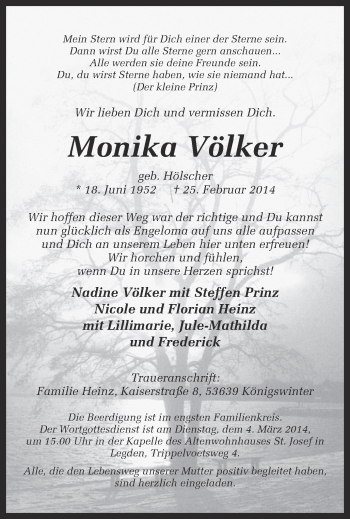 Todesanzeige von Monika Völker von Münstersche Zeitung und Münsterland Zeitung