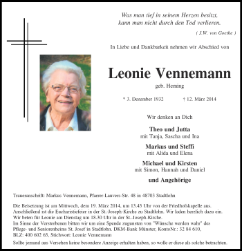 Todesanzeige von Leonie Vennemann von Münstersche Zeitung und Münsterland Zeitung