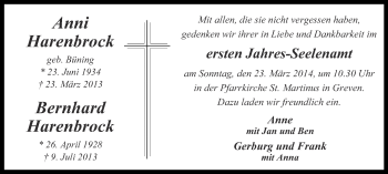 Todesanzeige von Anni und Bernhard Harenbrock von Münstersche Zeitung und Grevener Zeitung