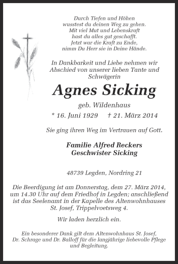 Todesanzeige von Agnes Sicking von Münstersche Zeitung und Münsterland Zeitung