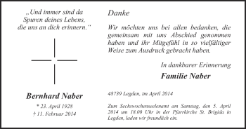 Todesanzeige von Bernhard Naber von Münstersche Zeitung und Münsterland Zeitung
