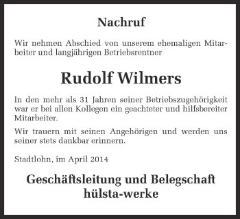 Todesanzeige von Rudolf Wilmers von Münstersche Zeitung und Münsterland Zeitung