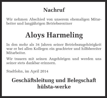 Todesanzeige von Aloys Harmeling von Münstersche Zeitung und Münsterland Zeitung