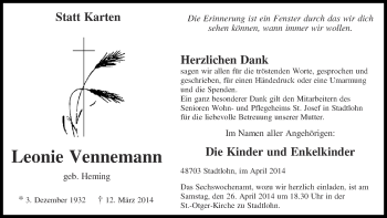 Todesanzeige von Leonie Vennemann von Münstersche Zeitung und Münsterland Zeitung