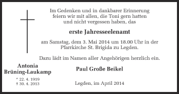 Todesanzeige von Antonia Brüning-Laukamp von Münstersche Zeitung und Münsterland Zeitung