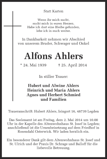 Todesanzeige von Alfons Ahlers von Münstersche Zeitung und Münsterland Zeitung