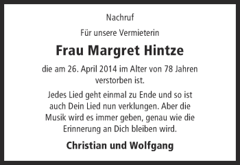 Todesanzeige von Margret Hintze von Münstersche Zeitung und Grevener Zeitung