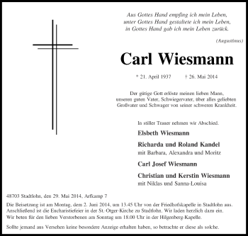 Todesanzeige von Carl Wiesmann von Münstersche Zeitung und Münsterland Zeitung