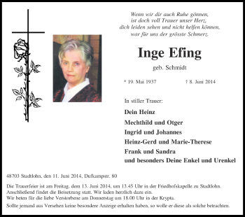 Todesanzeige von Inge Efing von Münstersche Zeitung und Münsterland Zeitung